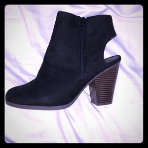 Brand new black suede open heel booties